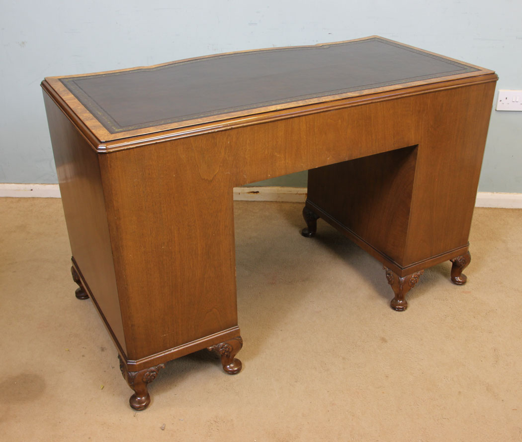 11066r7 Antique Walnut Writing Desk, Shaped Burr Walnut Kneehole Writing Desk.