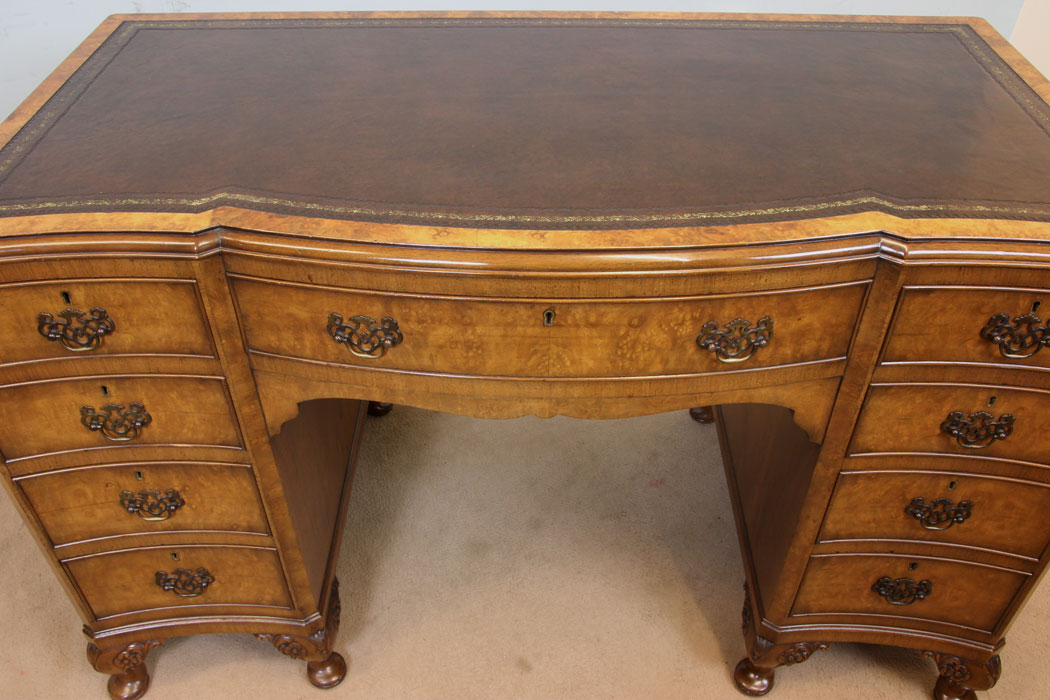 11066r8 Antique Walnut Writing Desk, Shaped Burr Walnut Kneehole Writing Desk.