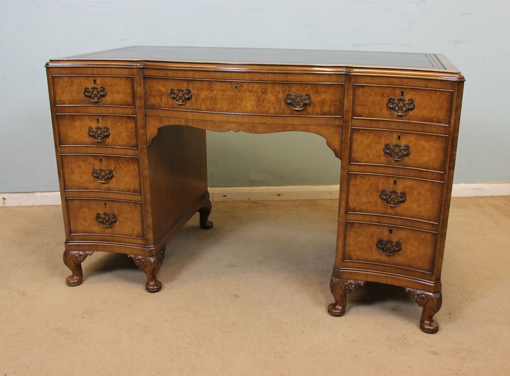 11066r9 Antique Walnut Kneehole Writing Desk, Shaped Burr Walnut Kneehole Writing Desk.