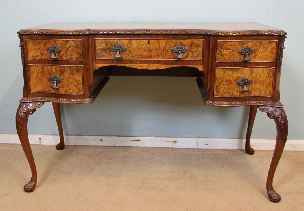 11073r2 Antique Burr Walnut Dressing Table, London, Burr Walnut Writing Side Table / Dressing Table
