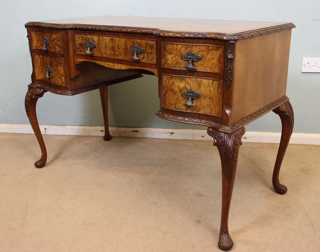 11073r6 Antique Burr Walnut Dressing Table, The Antique Shop, Burr Walnut Writing Side Table / Dressing Table