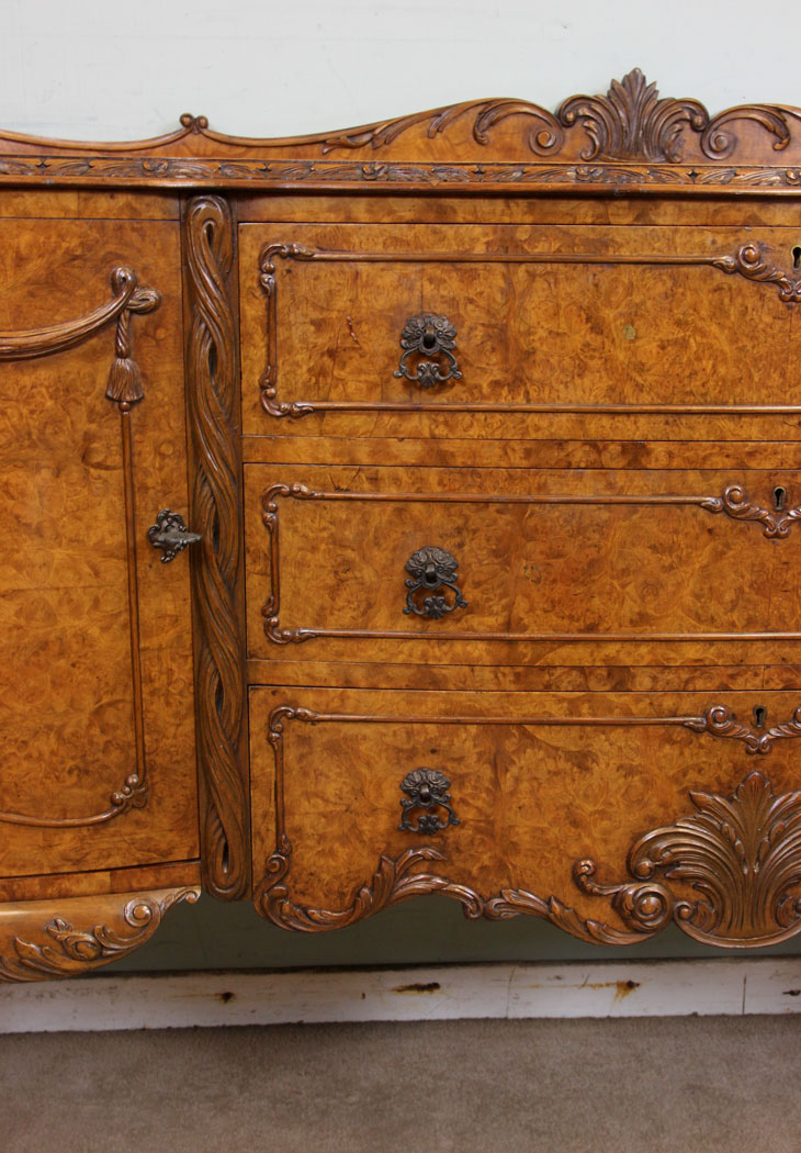 Antique Burr Walnut Chiffonier Sideboard, Burr Walnut Shaped Sideboard