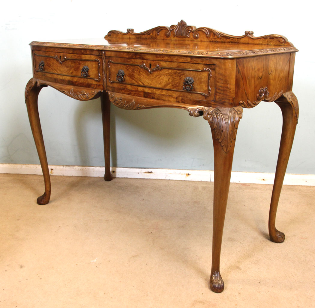 Antique Burr Walnut Side Table, Antique Walnut Two Drawer Side Table