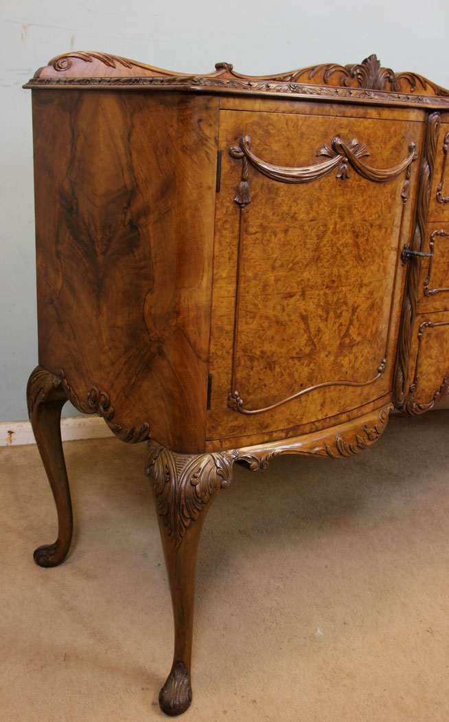 Antique Burr Walnut Sideboard, Burr Walnut Shaped Sideboard