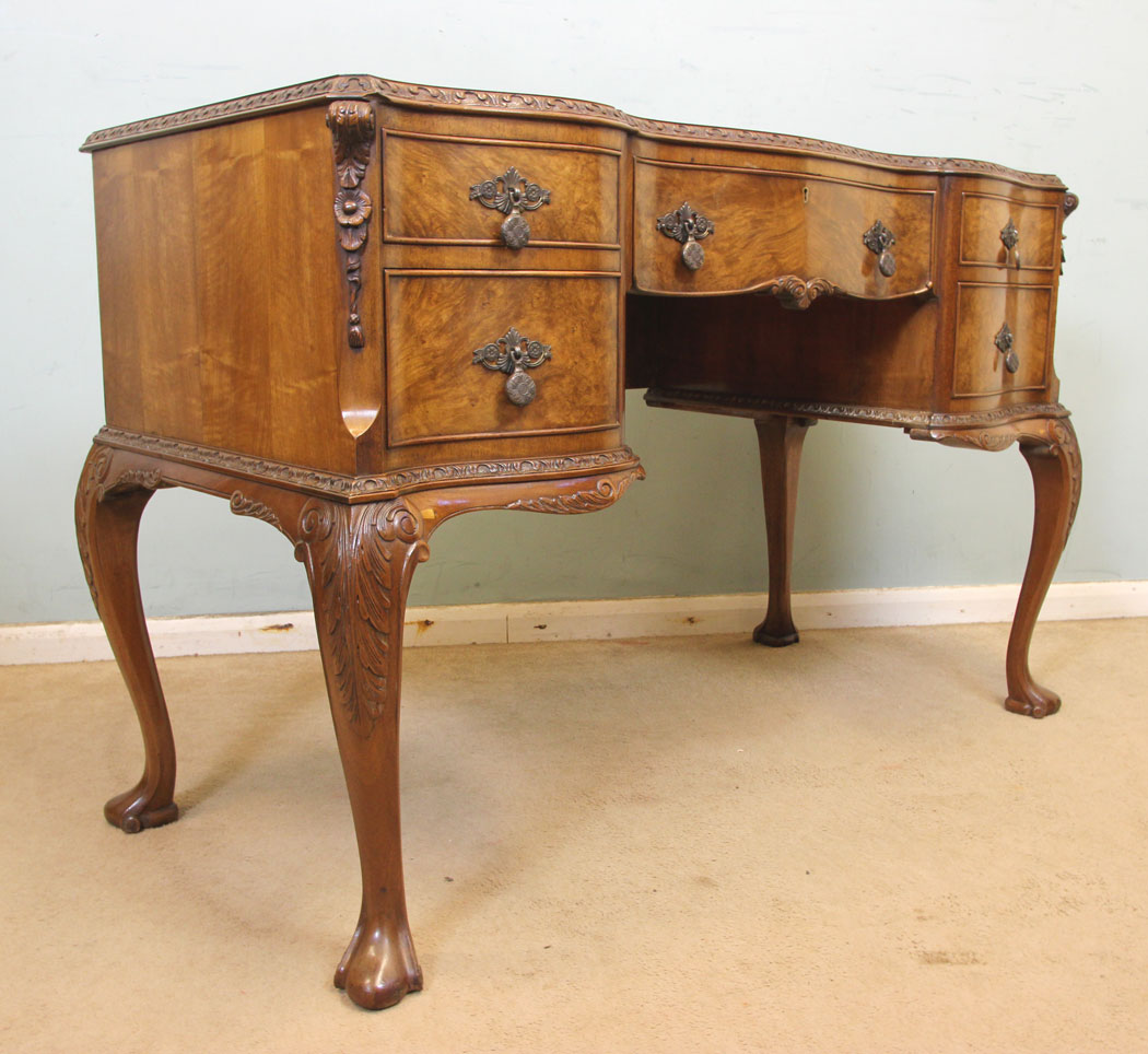 Antique Burr Walnut Writing Table, London, Burr Walnut Shaped Dressing / Side Table
