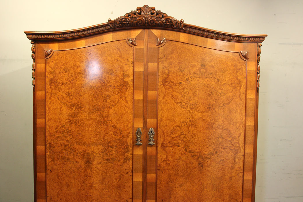 20th Century Burr Walnut Wardrobe, London, Antique Burr Walnut Double Wardrobe
