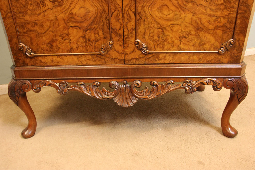 Antique Burr Walnut Cocktail Drinks Cabinet, (2) Antique Burr Walnut Queen Anne Style Cocktail Drinks Cabinet
