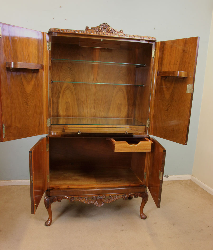 Antique Burr Walnut Cocktail Drinks Cabinet, (5) Antique Burr Walnut Queen Anne Style Cocktail Drinks Cabinet