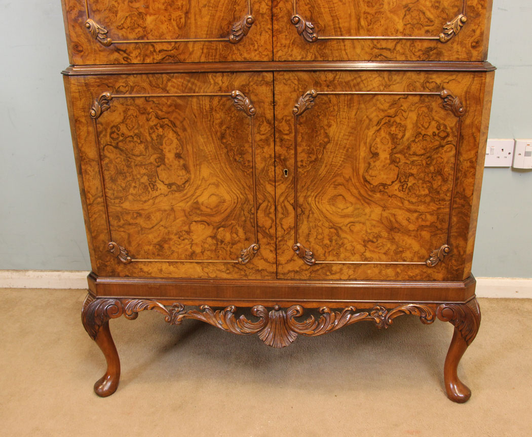 Antique Burr Walnut Cocktail Drinks Cabinet, (9) Antique Burr Walnut Queen Anne Style Cocktail Drinks Cabinet