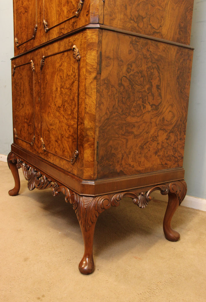 Antique Burr Walnut Cocktail Drinks Cabinet, Lincolnshire, Antique Burr Walnut Queen Anne Style Cocktail Drinks Cabinet