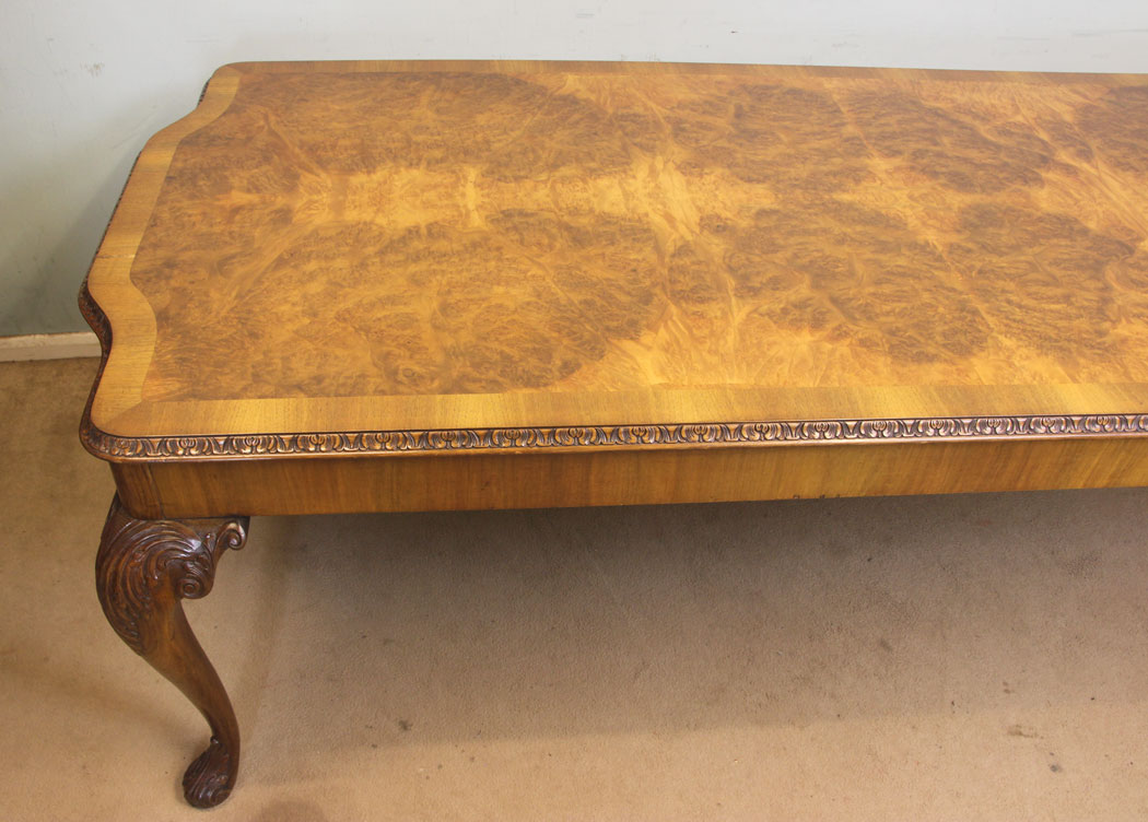 Antique Burr Walnut Eight Seater Dining Table, Lincolnshire, Burr Walnut Queen Anne Style Dining Table