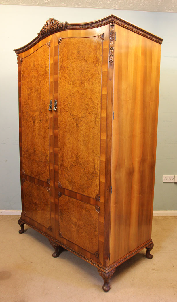 Antique Burr Walnut Wardrobe, London. Antique Burr Walnut Double Wardrobe