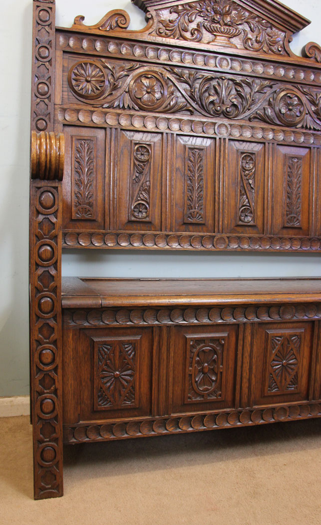 Antique Carved Oak Settle, Antique Impressive Victorian Carved Oak Settle