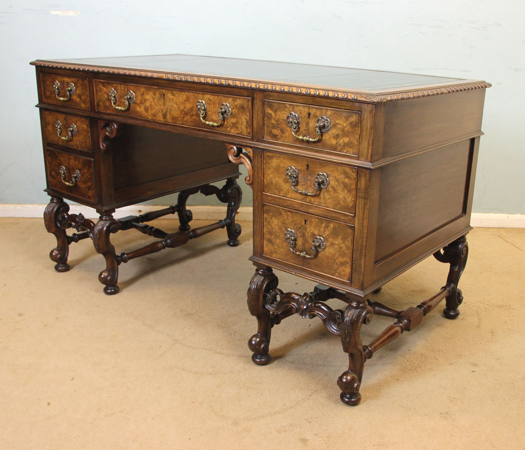 Antique Kneehole Walnut Writing Desk, - Copy Antique Walnut Knee Hole Leather Top Writing Desk