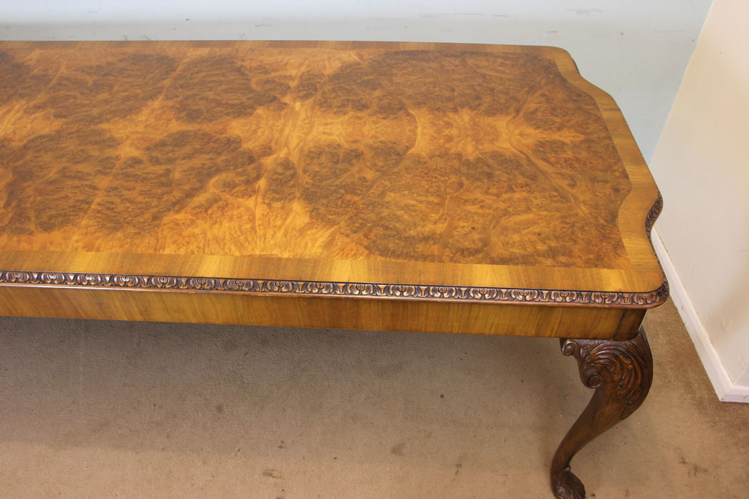 Antique Large Burr Walnut Dining Table, Burr Walnut Queen Anne Style Dining Table