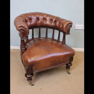 Antique Leather Tub Shaped Library Armchair