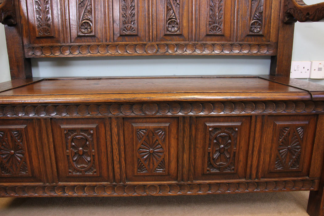 Antique Oak Settle, (2) Antique Impressive Victorian Carved Oak Settle