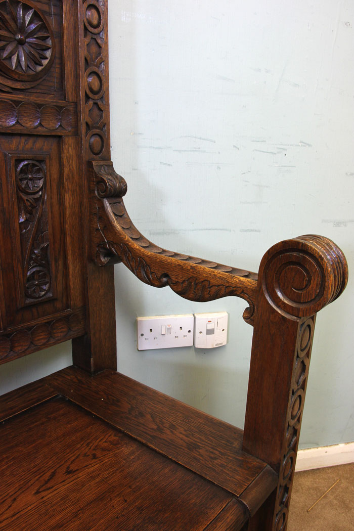 Antique Oak Settle, (3) Antique Impressive Victorian Carved Oak Settle