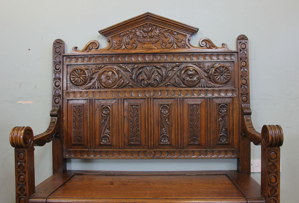 Antique Oak Settle, Lakenheath, Suffolk, Antique Impressive Victorian Carved Oak Settle