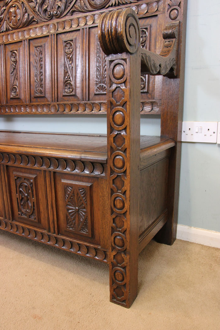 Antique Oak Settle, Lincolnshire, Antique Impressive Victorian Carved Oak Settle