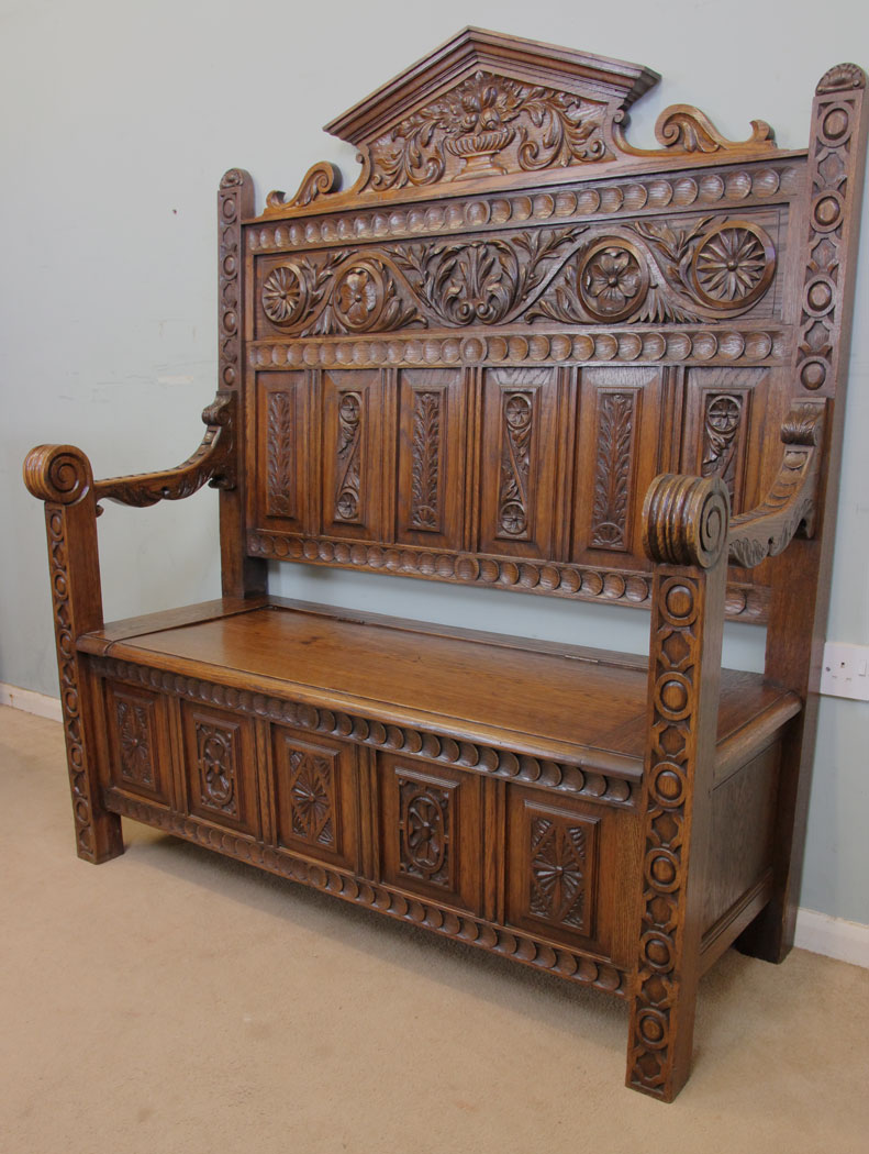 Antique Oak Settle, London, Antique Impressive Victorian Carved Oak Settle