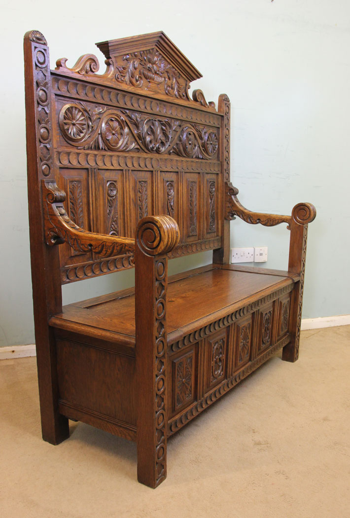 Antique Victorian Oak Settle, Antique Impressive Victorian Carved Oak Settle