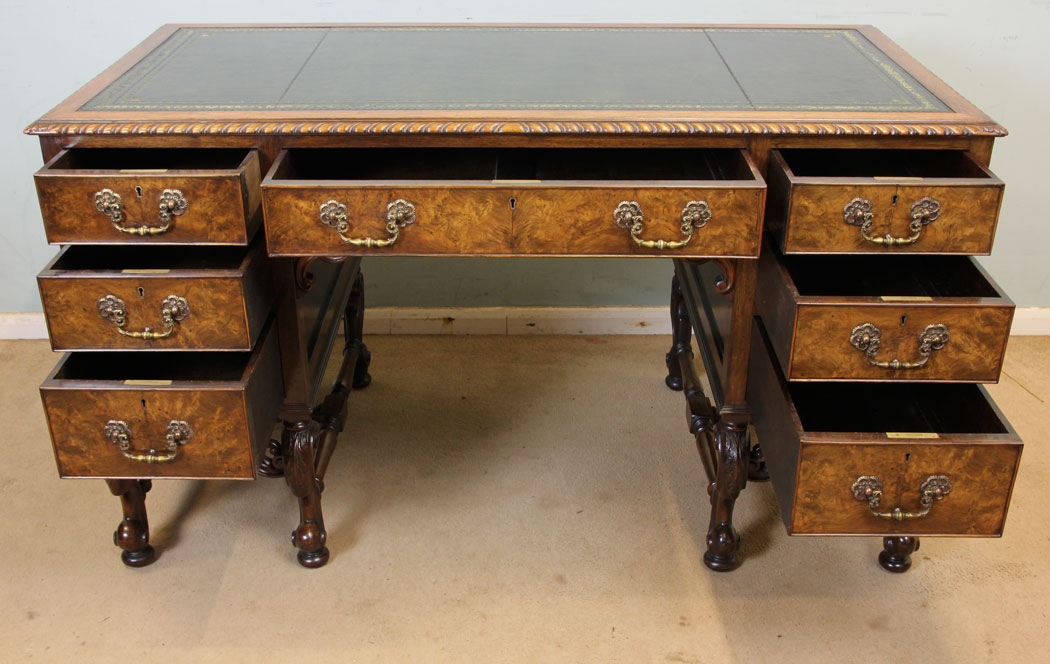 Antique Walnut Writing Desk, Georgian Style, Antique Walnut Knee Hole Leather Top Writing Desk