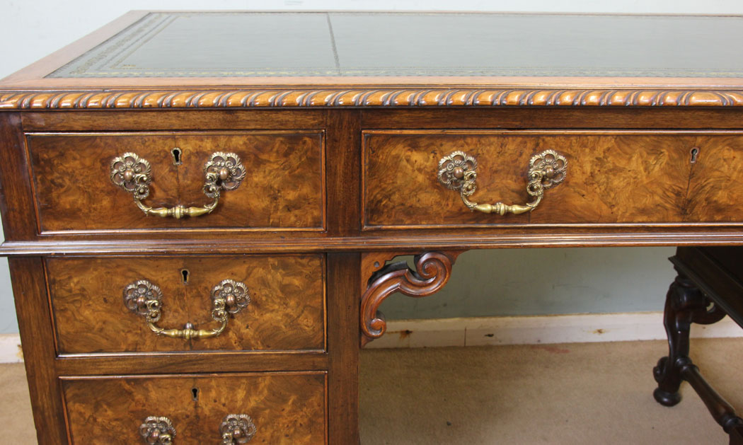 Antique Walnut Writing Desk, Norfolk, Antique Walnut Knee Hole Leather Top Writing Desk