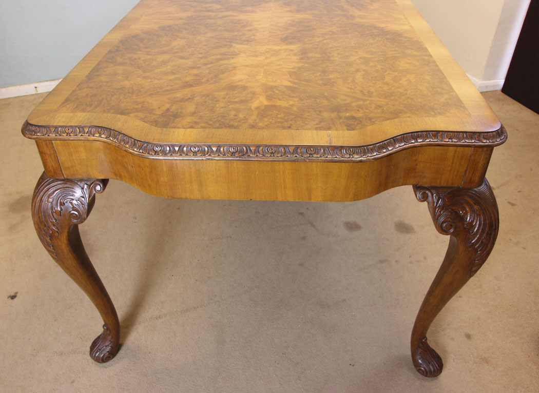 Large Antique Burr Walnut Dining Table, Queen Anne Style,