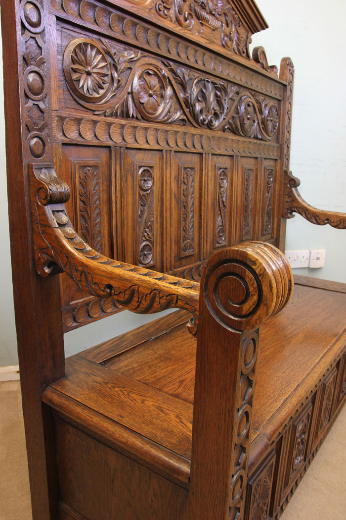 Victorian Antique Oak Settle, Antique Impressive Victorian Carved Oak Settle