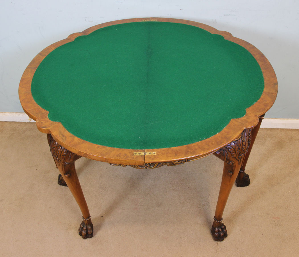 Antique Burr Walnut Card Table, (3) Antique Burr Walnut Queen Anne Style Card Table
