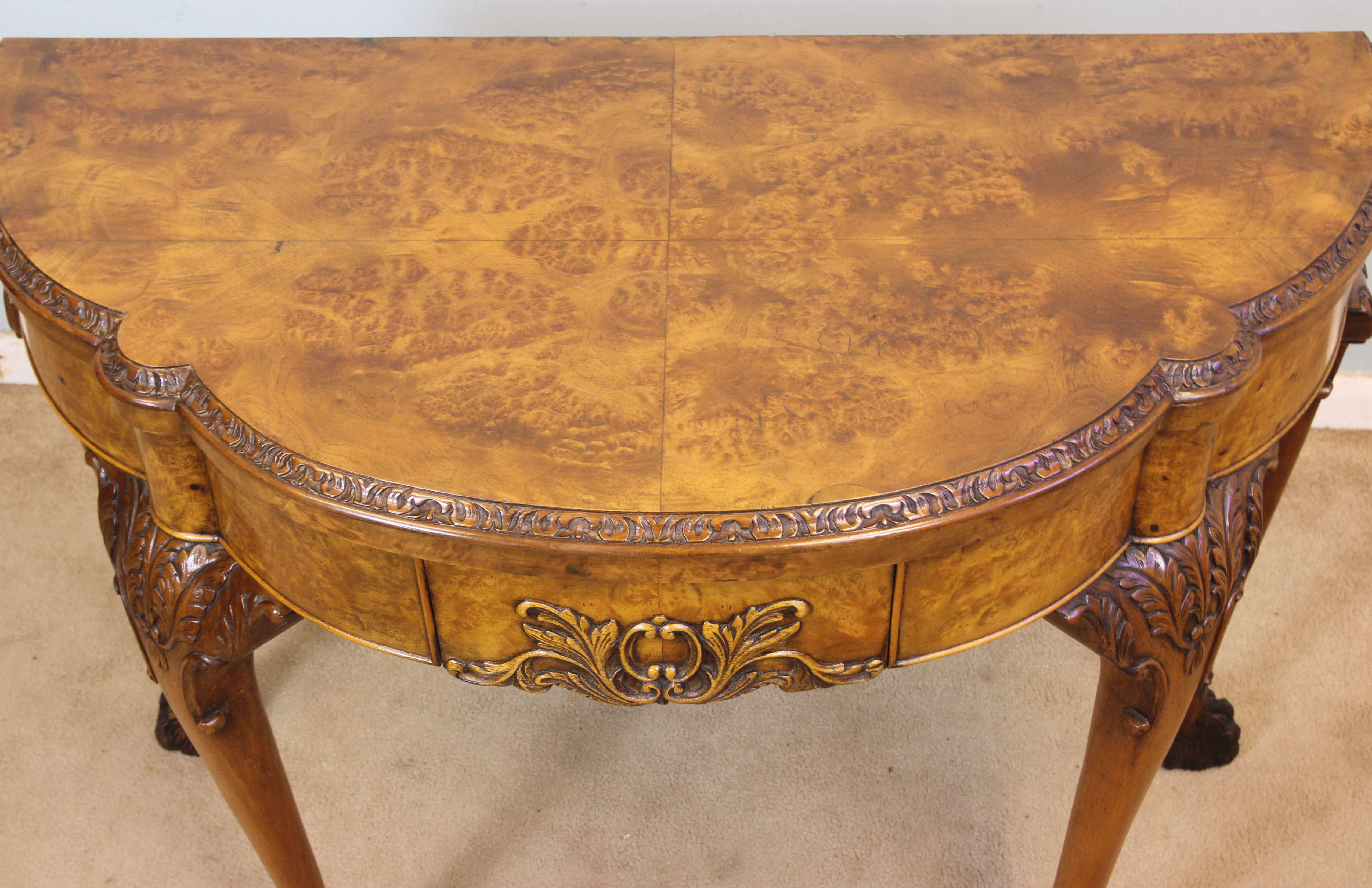 Antique Burr Walnut Card Table, (4) Antique Burr Walnut Queen Anne Style Card Table