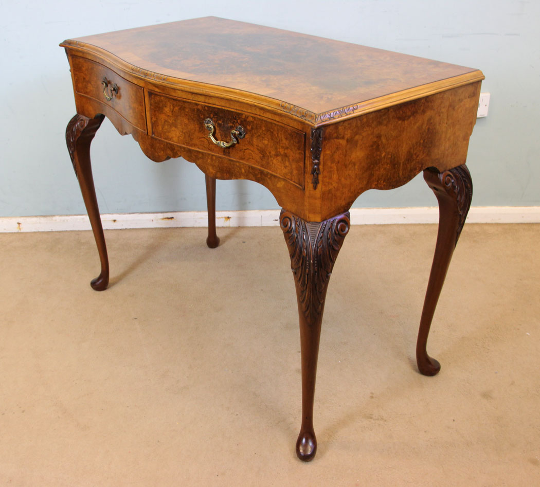 Antique Burr Walnut Side Two Drawer Table, Antique Burr Walnut Queen Anne Style Side Table