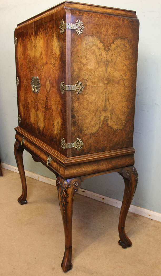 Antique Cabinet on Stand, Antique Burr Walnut Cocktail Drinks Cabinet