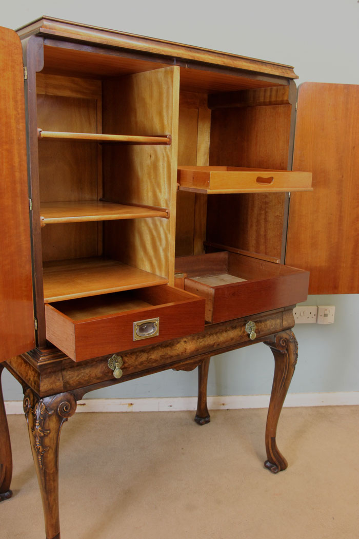 Antique Cocktail Cabinet, London, Antique Burr Walnut Cocktail Drinks Cabinet