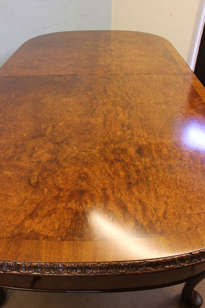 Antique Extending Burr Walnut Dining Table, London, Antique Burr Walnut Extending Dining Table.