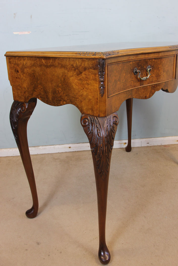 Antique Walnut Two Drawer Side Table, Antique Burr Walnut Queen Anne Style Side Table