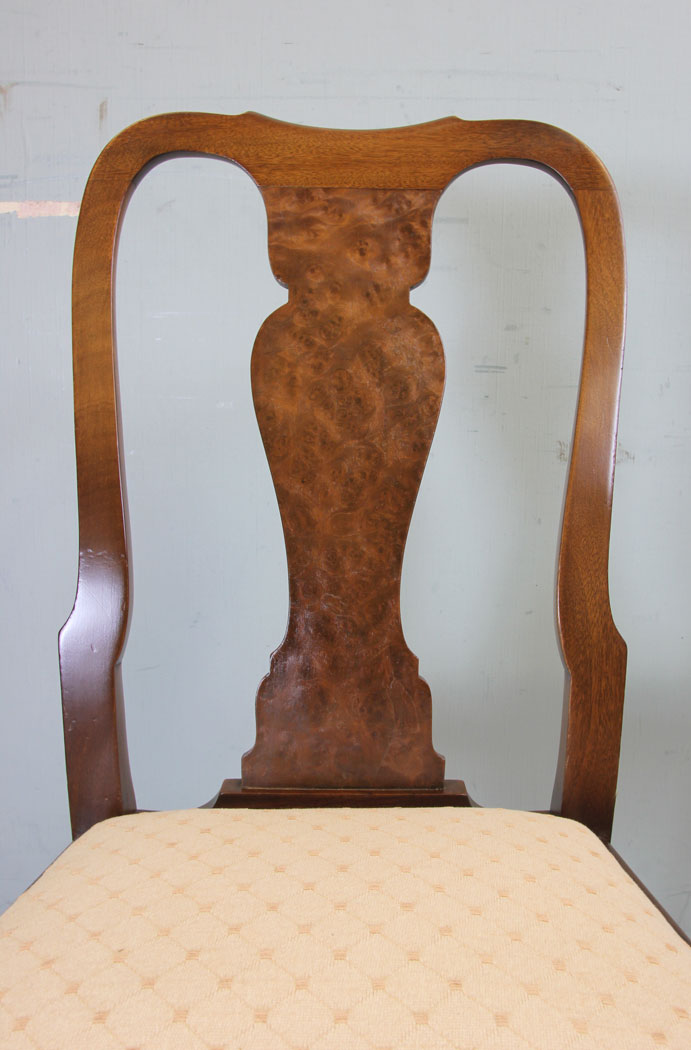 Set Four Antique Burr Walnut Dining Chairs, Set of Four Walnut Queen Anne Style Dining Chairs