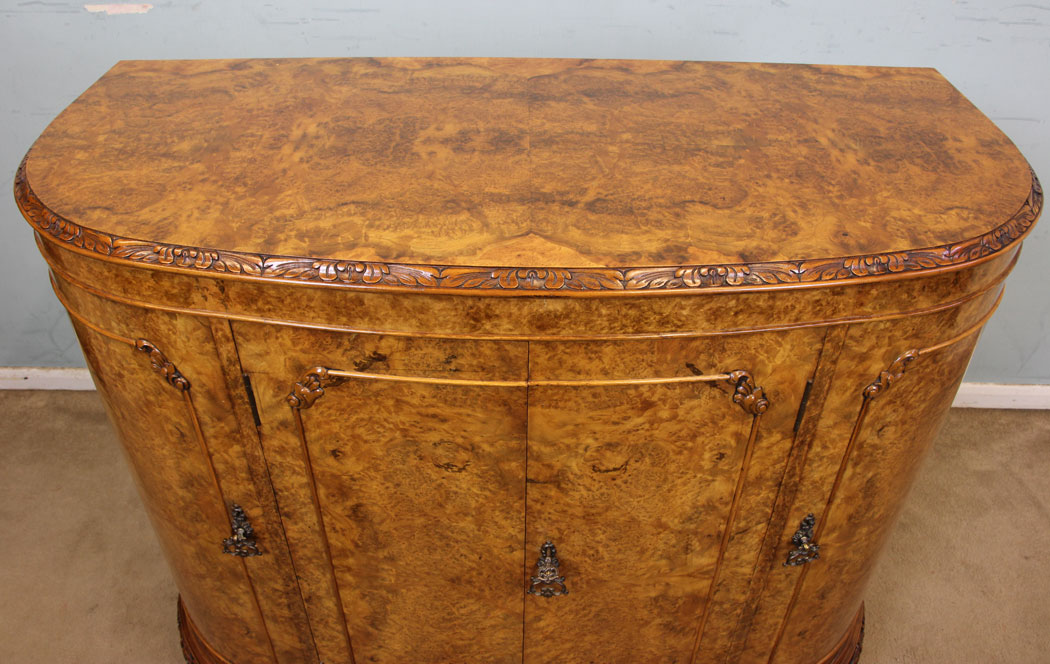 Antique Bow Front Sideboard Drinks Cabinet, Antique Shaped Burr Walnut Side Cabinet