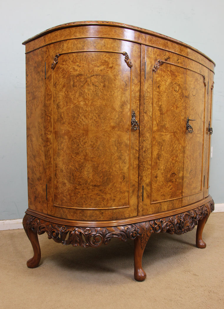 Antique Bow Front Sideboard London, Antique Shaped Burr Walnut Side Cabinet