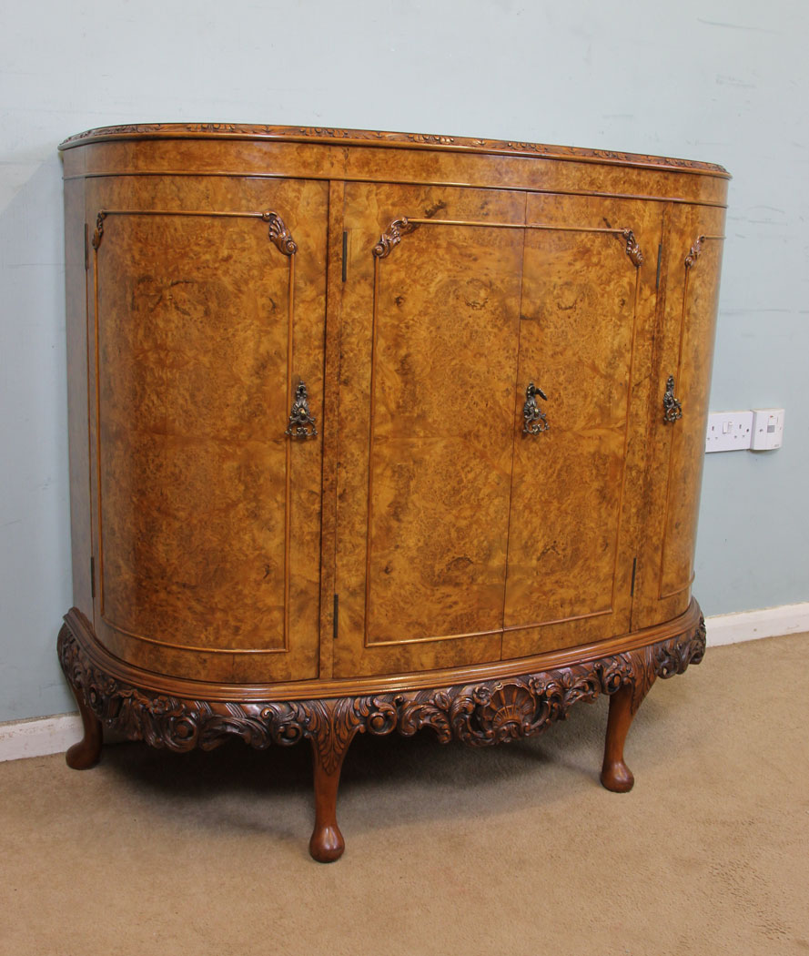 Antique Bow Front Sideboard, London, Antique Shaped Burr Walnut Side Cabinet