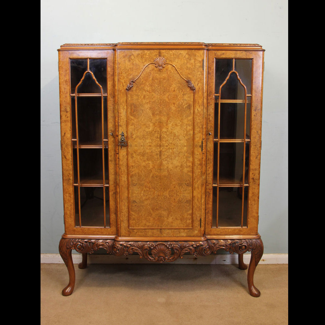 Antique Burr Walnut Bookcase Cabinet, Burr Walnut Bookcase Display Cabinet