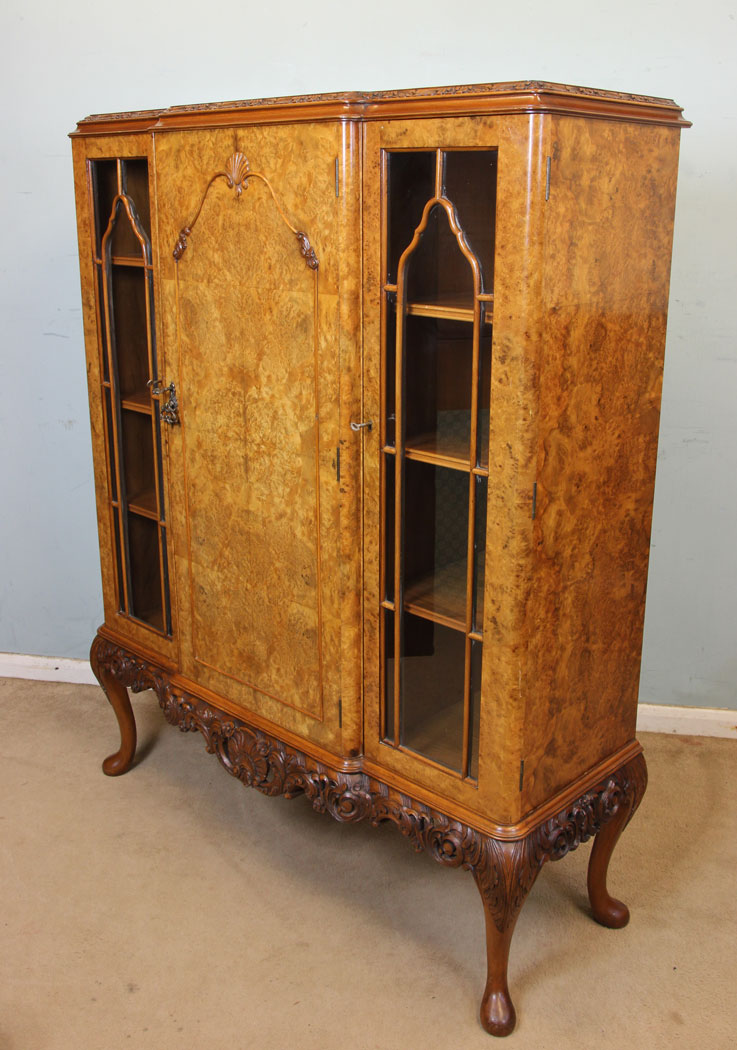 Antique Burr Walnut Bookcase Cabinet, London, Burr Walnut Bookcase Display Cabinet