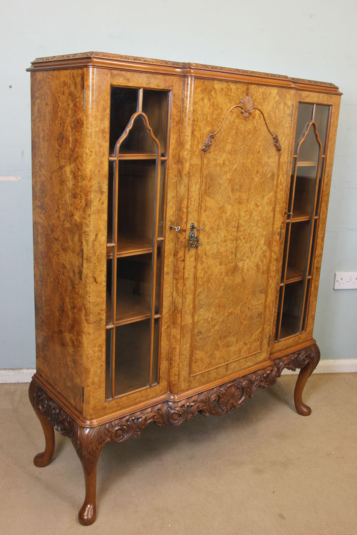 Antique Burr Walnut Bookcase Cabinet, Norfolk, Burr Walnut Bookcase Display Cabinet
