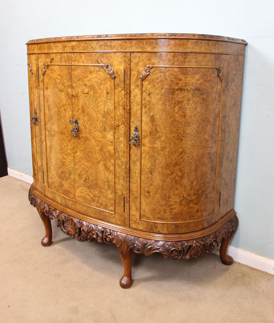 Antique Burr Walnut Bow Front Sideboard, Antique Shaped Burr Walnut Side Cabinet