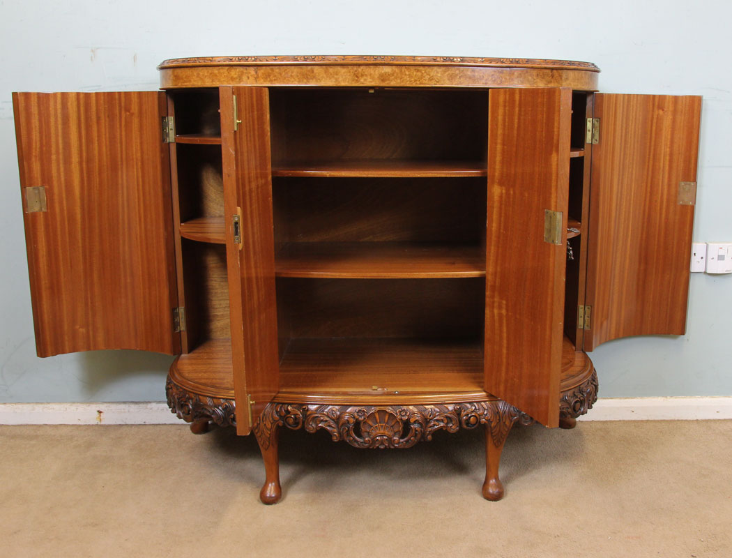 Antique Burr Walnut Bow Front Sideboard Drinks Cabinet, London, Antique Shaped Burr Walnut Side Cabinet