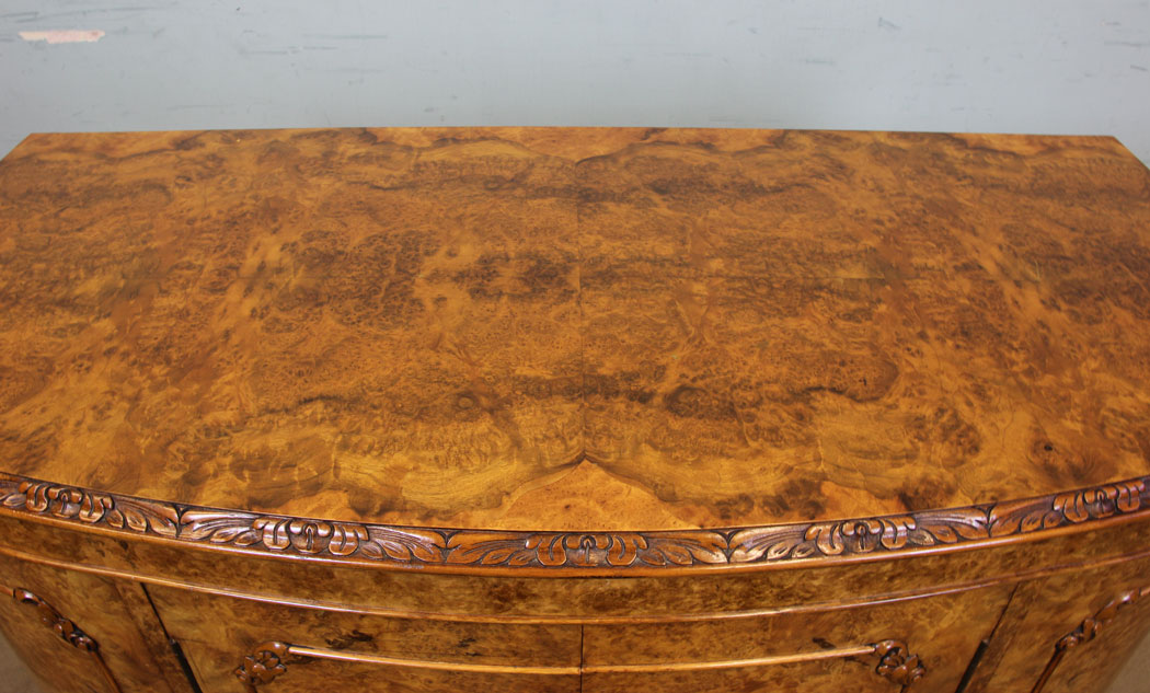 Antique Burr Walnut Bow Front Sideboard Drinks Cabinet, Antique Shaped Burr Walnut Side Cabinet