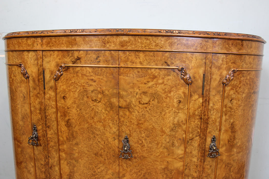 Antique Burr Walnut Bow Front Sideboard, London, Antique Shaped Burr Walnut Side Cabinet