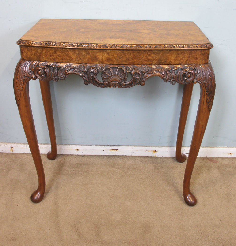 Antique Burr Walnut Console Side Hall Table, Antique Queen Anne Style Burr Walnut Side Table