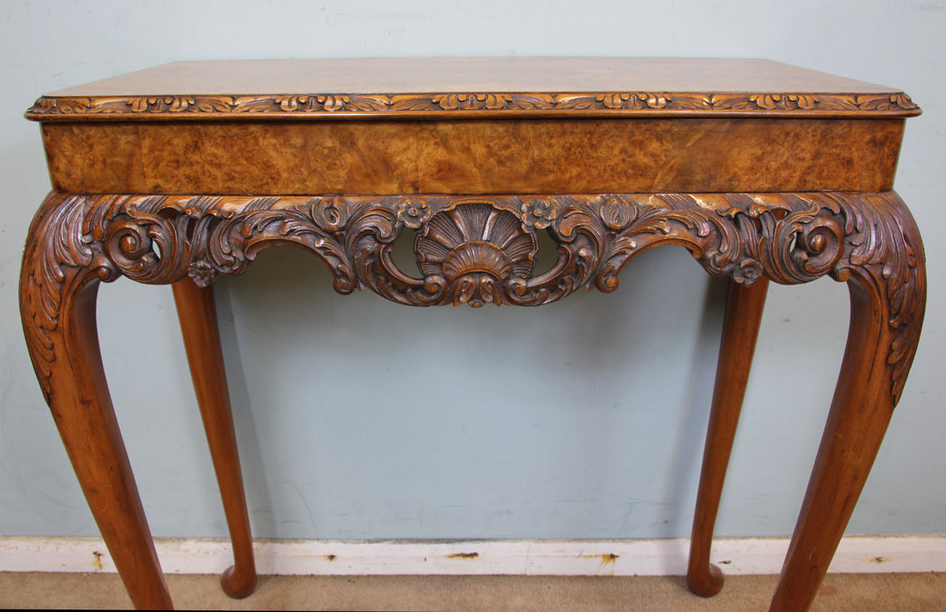 Antique Burr Walnut Console Side Table, Antique Queen Anne Style Burr Walnut Side Table.
